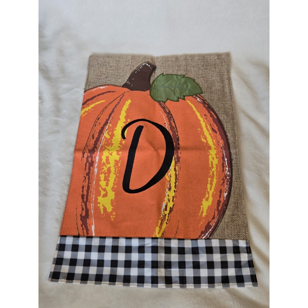 Monogram D Pumpkin Fall Garden Flag 12x18 Burlap Look Buffalo Plaid Autumn Decor